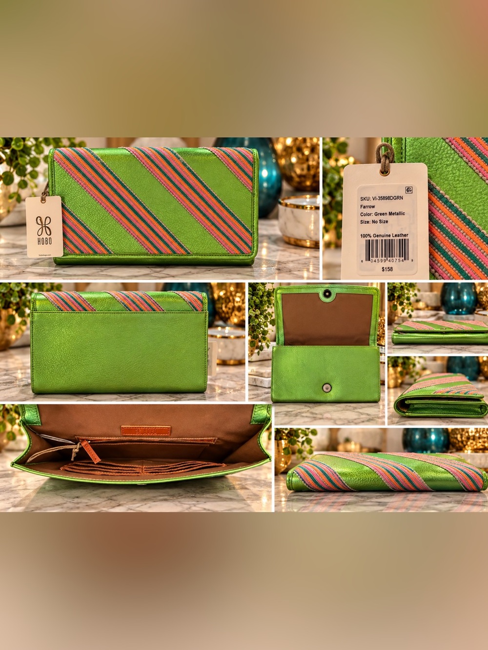 HOBO Farrow Leather Clutch Metallic Green with Pink and Orange Stripes NWT